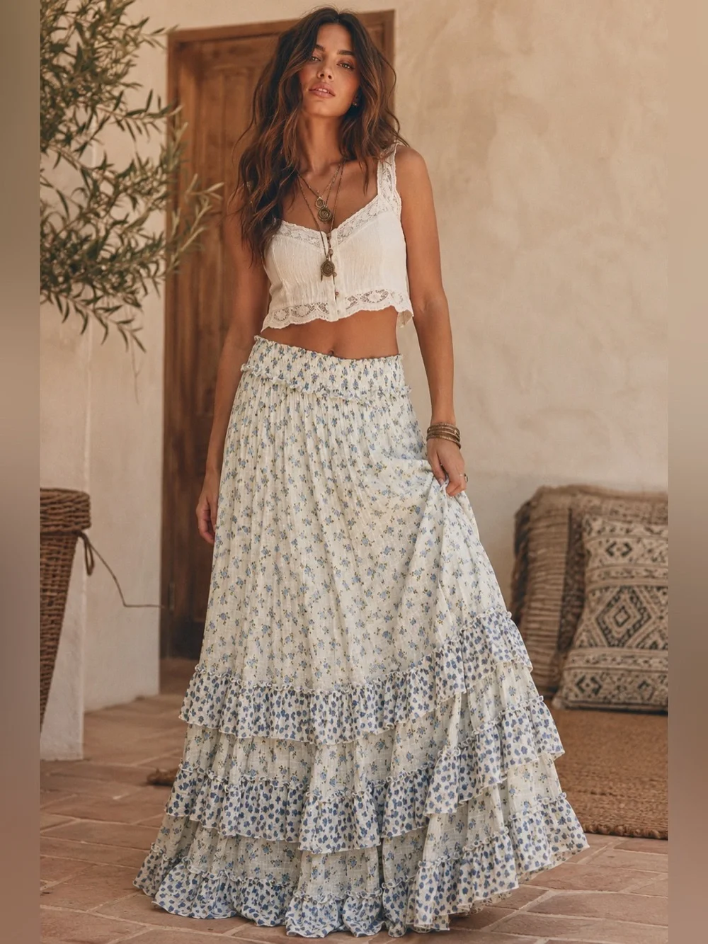 Free People Brynn Printed Ruffle Maxi Skirt | Ditsy Ivory Combo